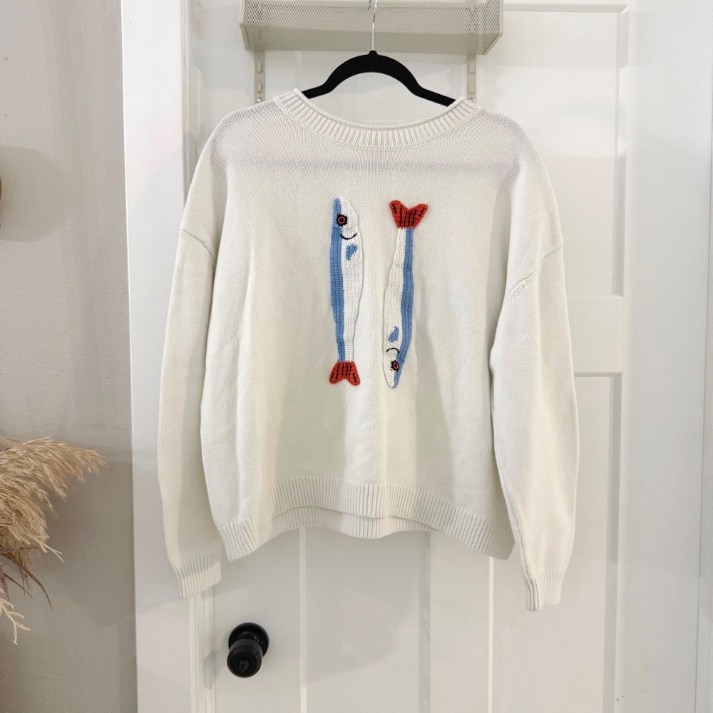 Staud Giada Sweater Pier Ivory Fish Motif Knit Cotton Blend M Coastal Nautical